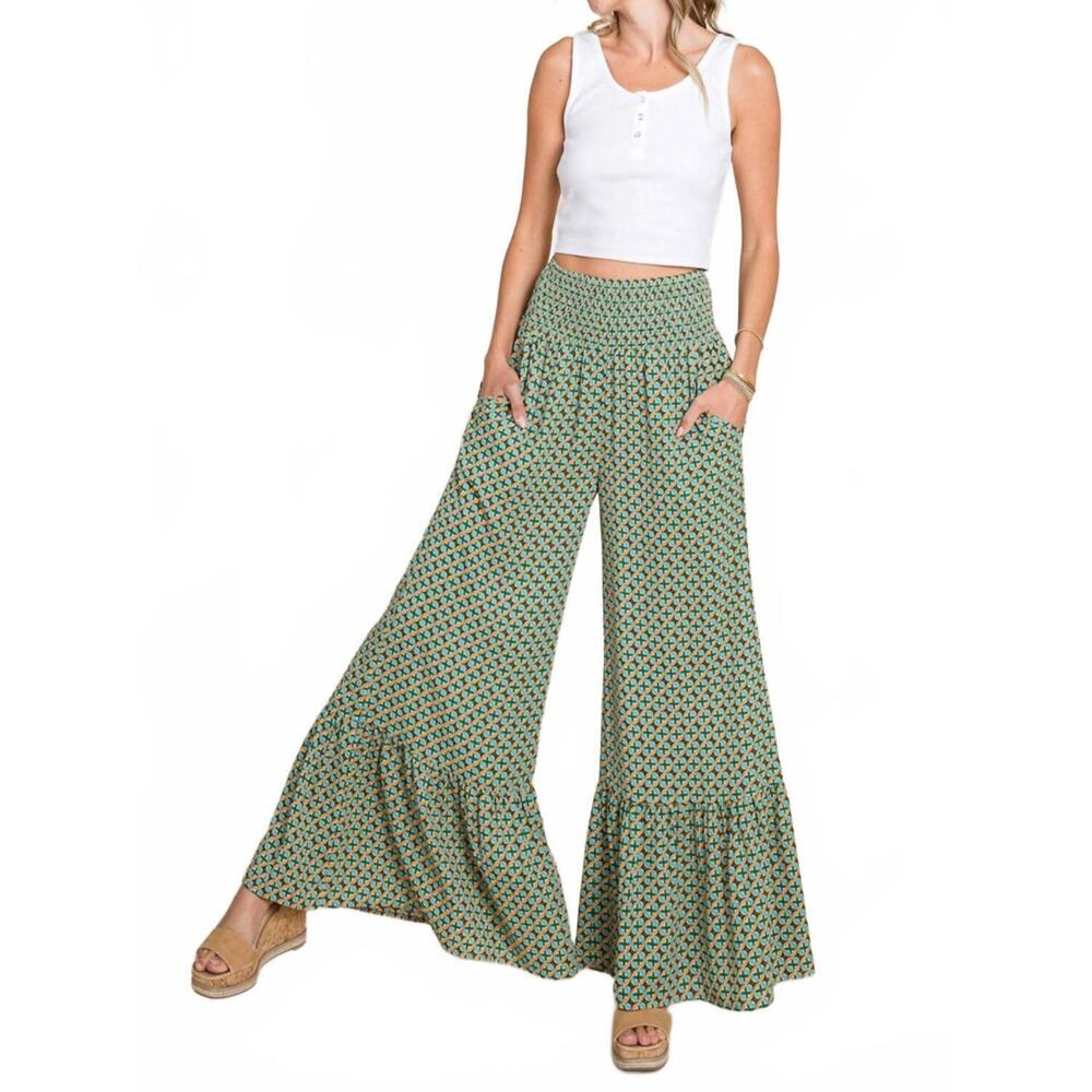 NEW COTTON BLEU flowy wide leg pants in green/mustard